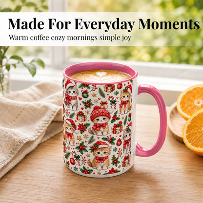 #pl[15oz|Pink] Christmas Kittens Coffee Mug, Cute Santa Hat Cats Mug, Ceramic Cup