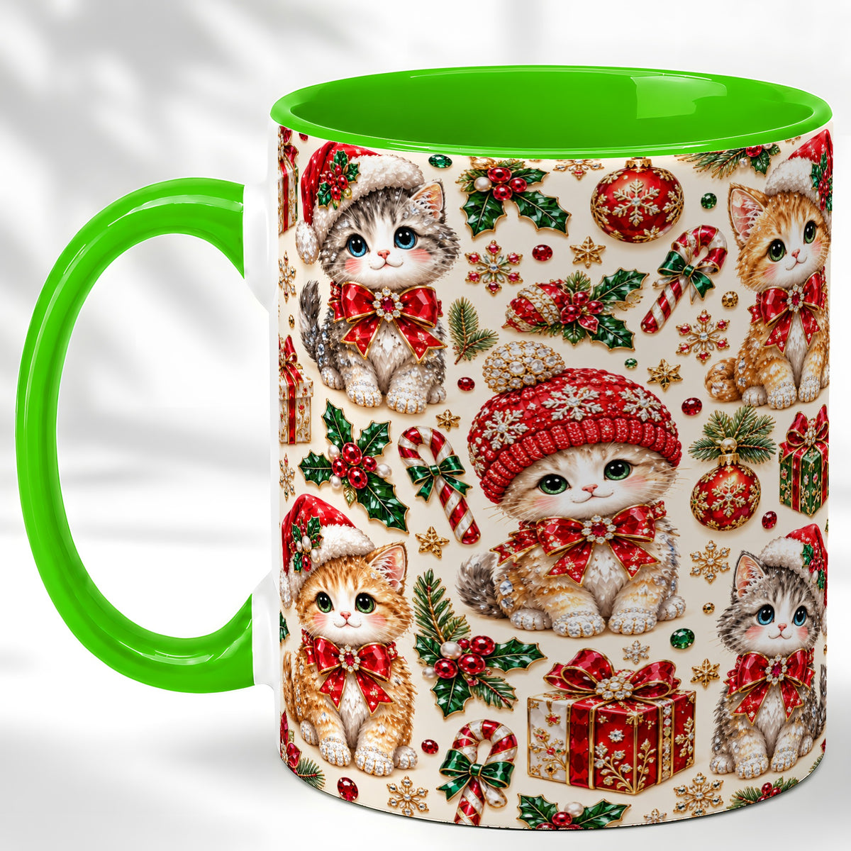 #pl[11oz|Green] Jeweled Christmas Cats Coffee Mug, Sparkling Kitten Mug, Ceramic Cup