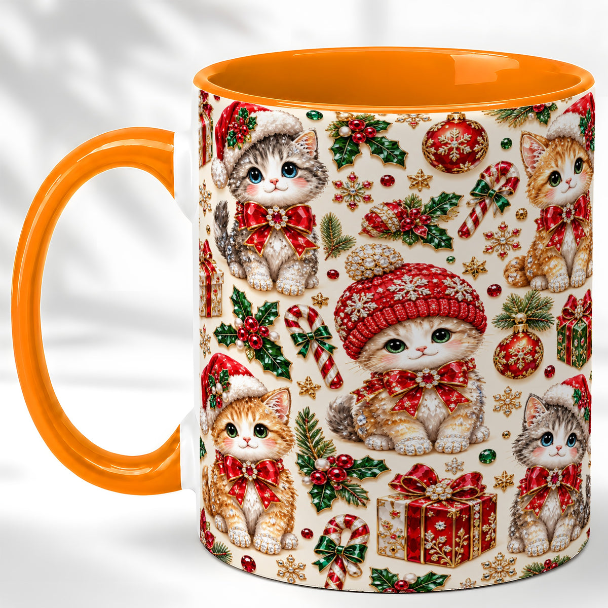 #pl[11oz|Orange] Jeweled Christmas Cats Coffee Mug, Sparkling Kitten Mug, Ceramic Cup