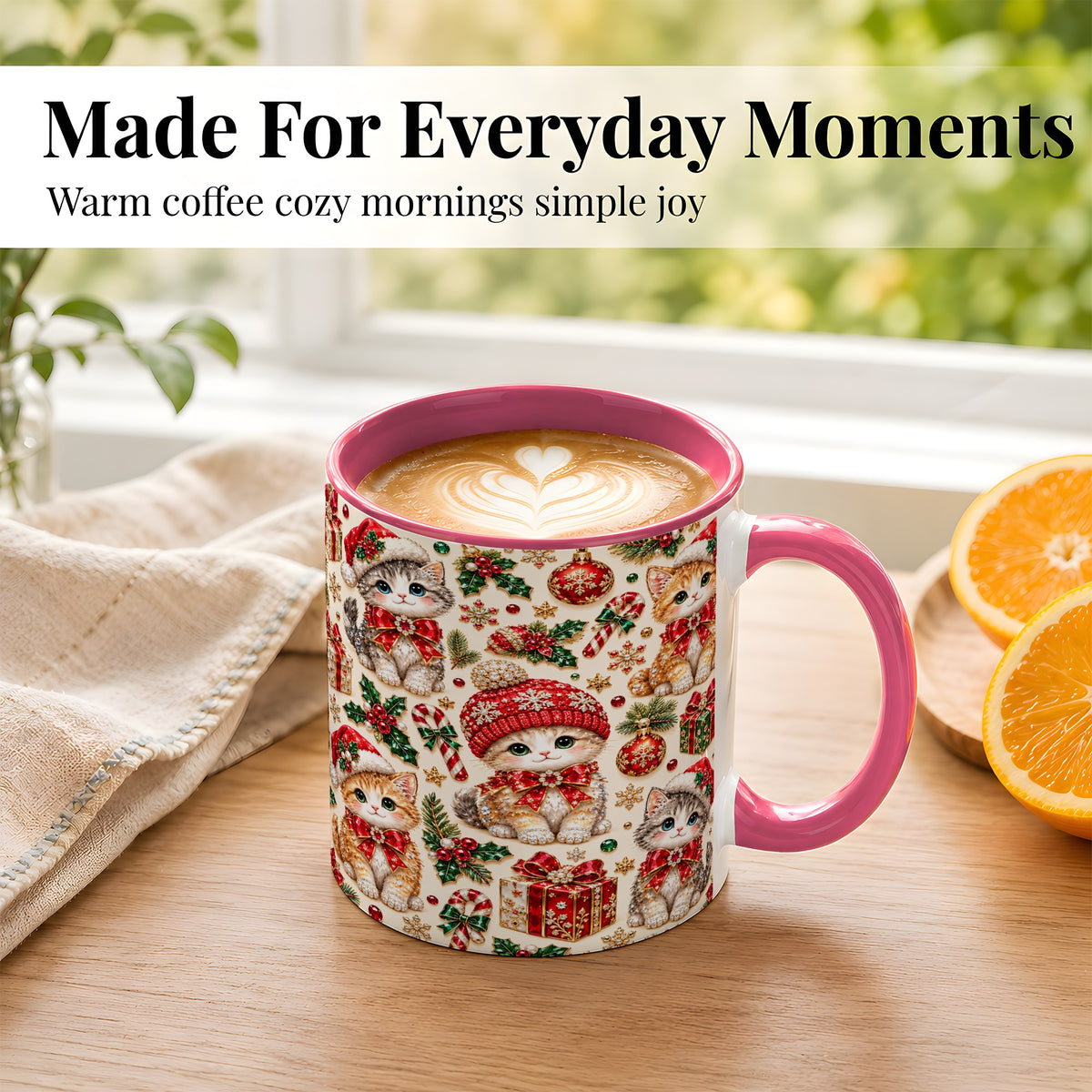 #pl[11oz|Pink] Jeweled Christmas Cats Coffee Mug, Sparkling Kitten Mug, Ceramic Cup