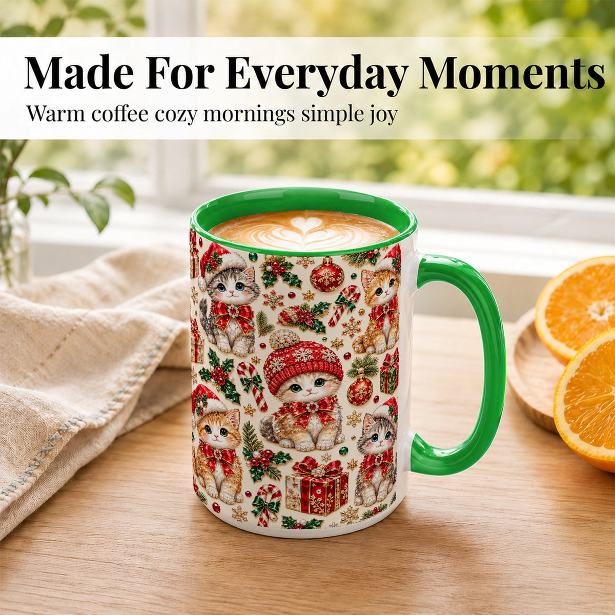 #pl[15oz|Green] Jeweled Christmas Cats Coffee Mug, Sparkling Kitten Mug, Ceramic Cup
