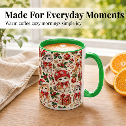 #pl[15oz|Green] Jeweled Christmas Cats Coffee Mug, Sparkling Kitten Mug, Ceramic Cup