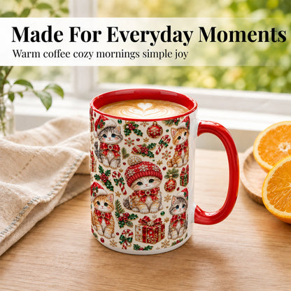 #pl[15oz|Red] Jeweled Christmas Cats Coffee Mug, Sparkling Kitten Mug, Ceramic Cup