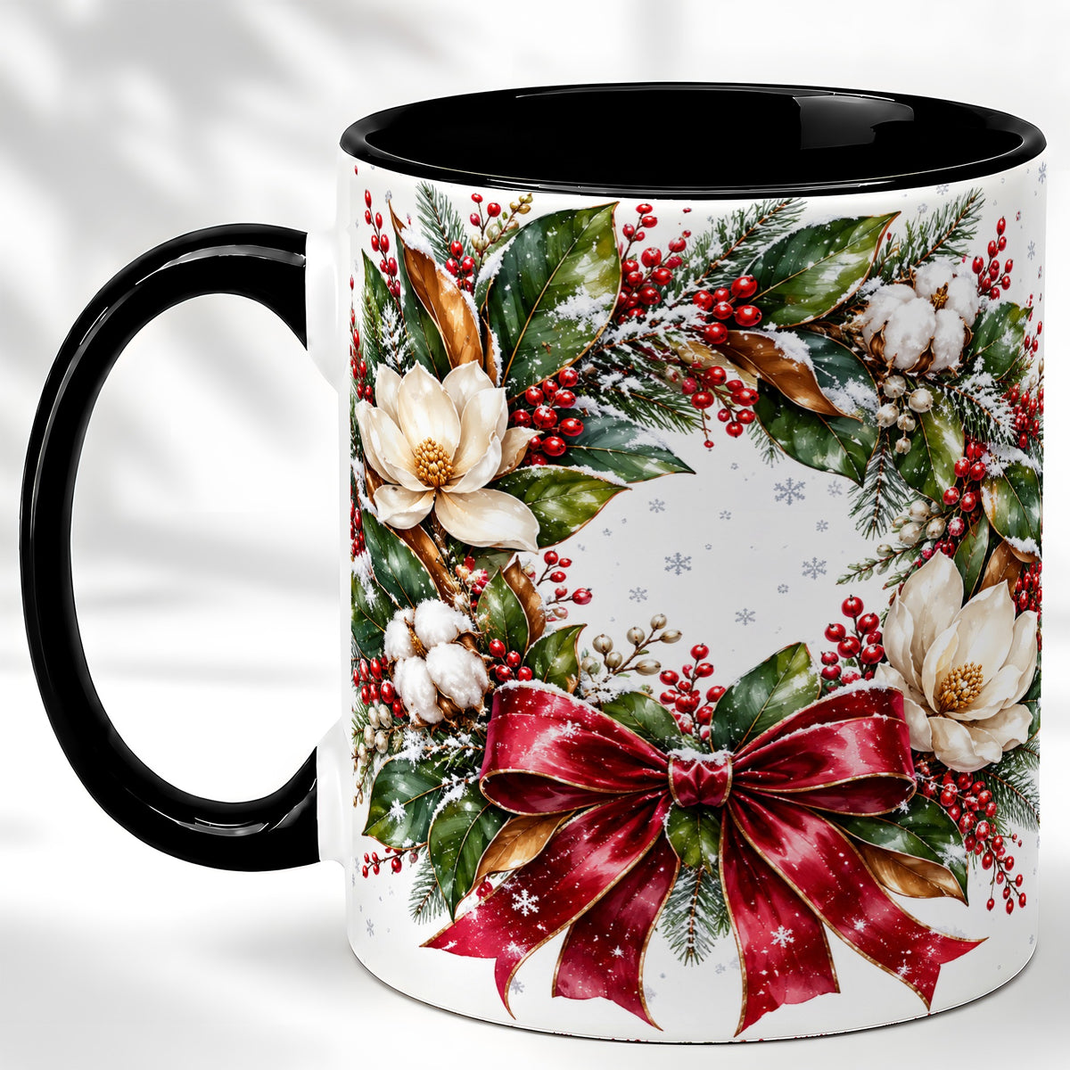 #pl[11oz|Black] Christmas Magnolia Wreath Coffee Mug, Winter Floral Mug, Ceramic Cup