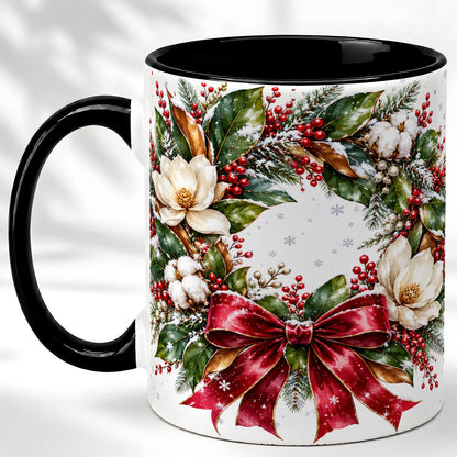 #pl[11oz|Black] Christmas Magnolia Wreath Coffee Mug, Winter Floral Mug, Ceramic Cup