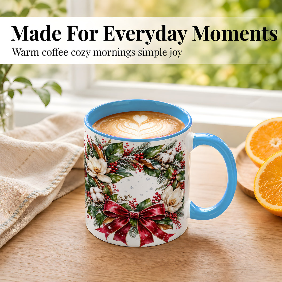 #pl[11oz|Blue] Christmas Magnolia Wreath Coffee Mug, Winter Floral Mug, Ceramic Cup