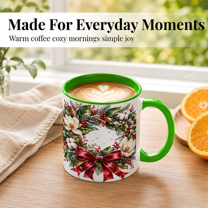 #pl[11oz|Green] Christmas Magnolia Wreath Coffee Mug, Winter Floral Mug, Ceramic Cup
