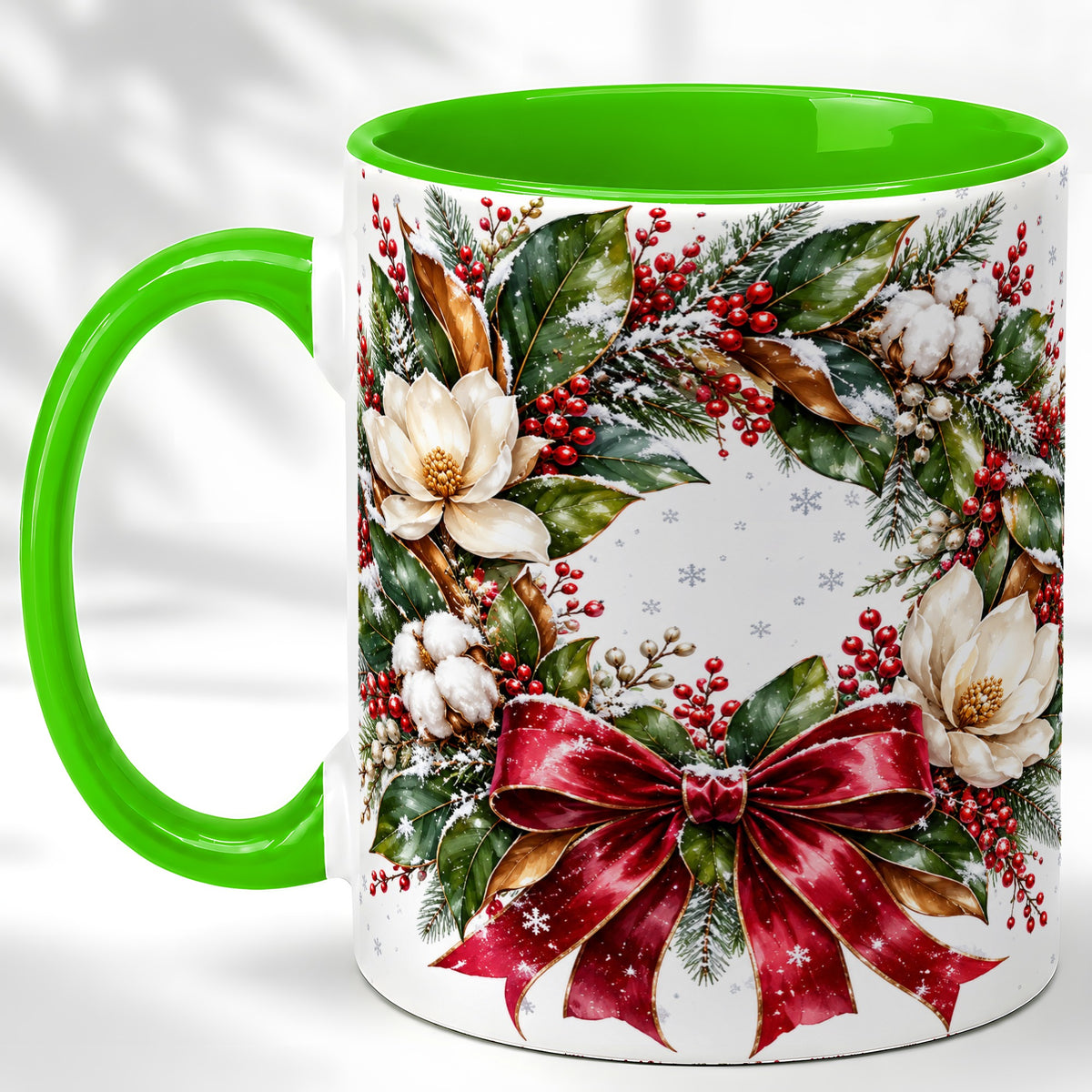 #pl[11oz|Green] Christmas Magnolia Wreath Coffee Mug, Winter Floral Mug, Ceramic Cup