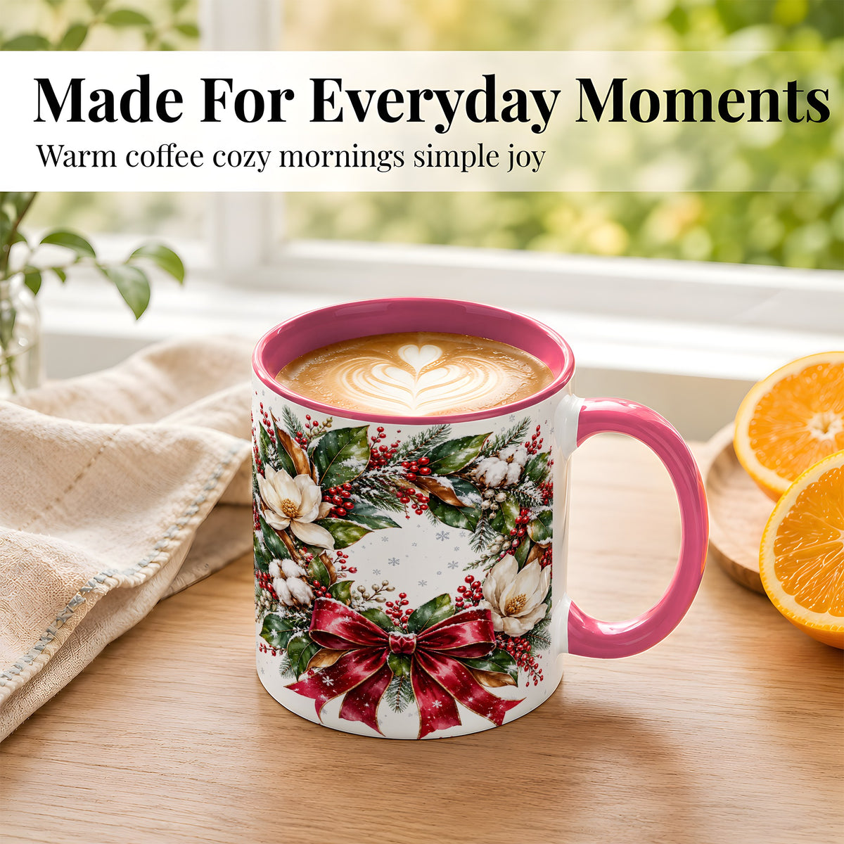 #pl[11oz|Pink] Christmas Magnolia Wreath Coffee Mug, Winter Floral Mug, Ceramic Cup