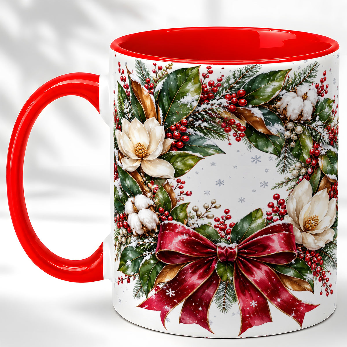 Christmas Magnolia Wreath Coffee Mug, Winter Floral Mug, Ceramic Cup
