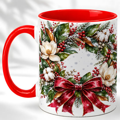 Christmas Magnolia Wreath Coffee Mug, Winter Floral Mug, Ceramic Cup