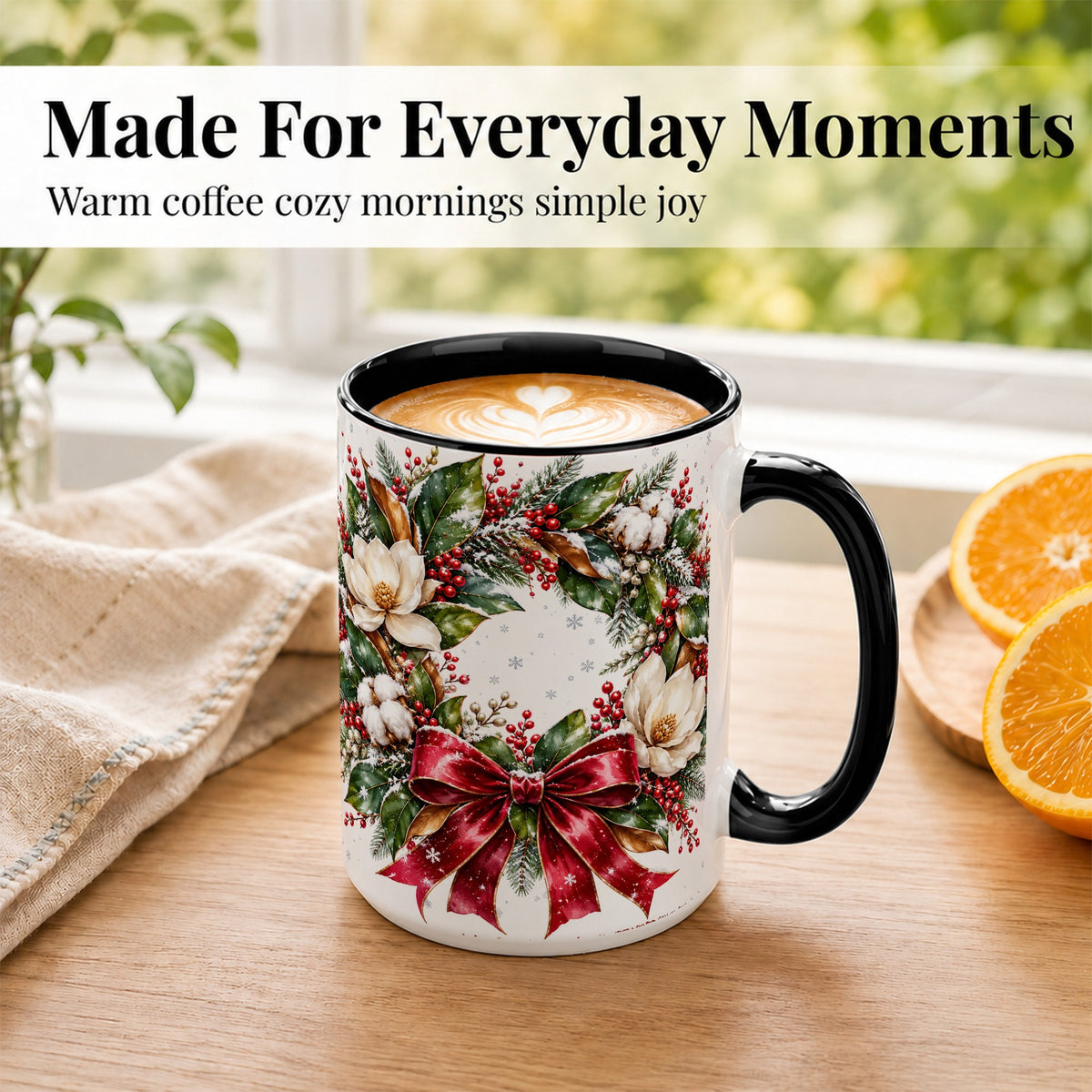 #pl[15oz|Black] Christmas Magnolia Wreath Coffee Mug, Winter Floral Mug, Ceramic Cup