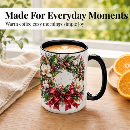 #pl[15oz|Black] Christmas Magnolia Wreath Coffee Mug, Winter Floral Mug, Ceramic Cup