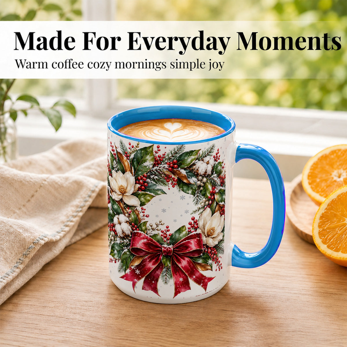 #pl[15oz|Blue] Christmas Magnolia Wreath Coffee Mug, Winter Floral Mug, Ceramic Cup
