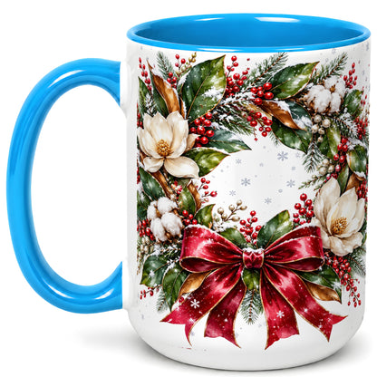 #pl[15oz|Blue] Christmas Magnolia Wreath Coffee Mug, Winter Floral Mug, Ceramic Cup