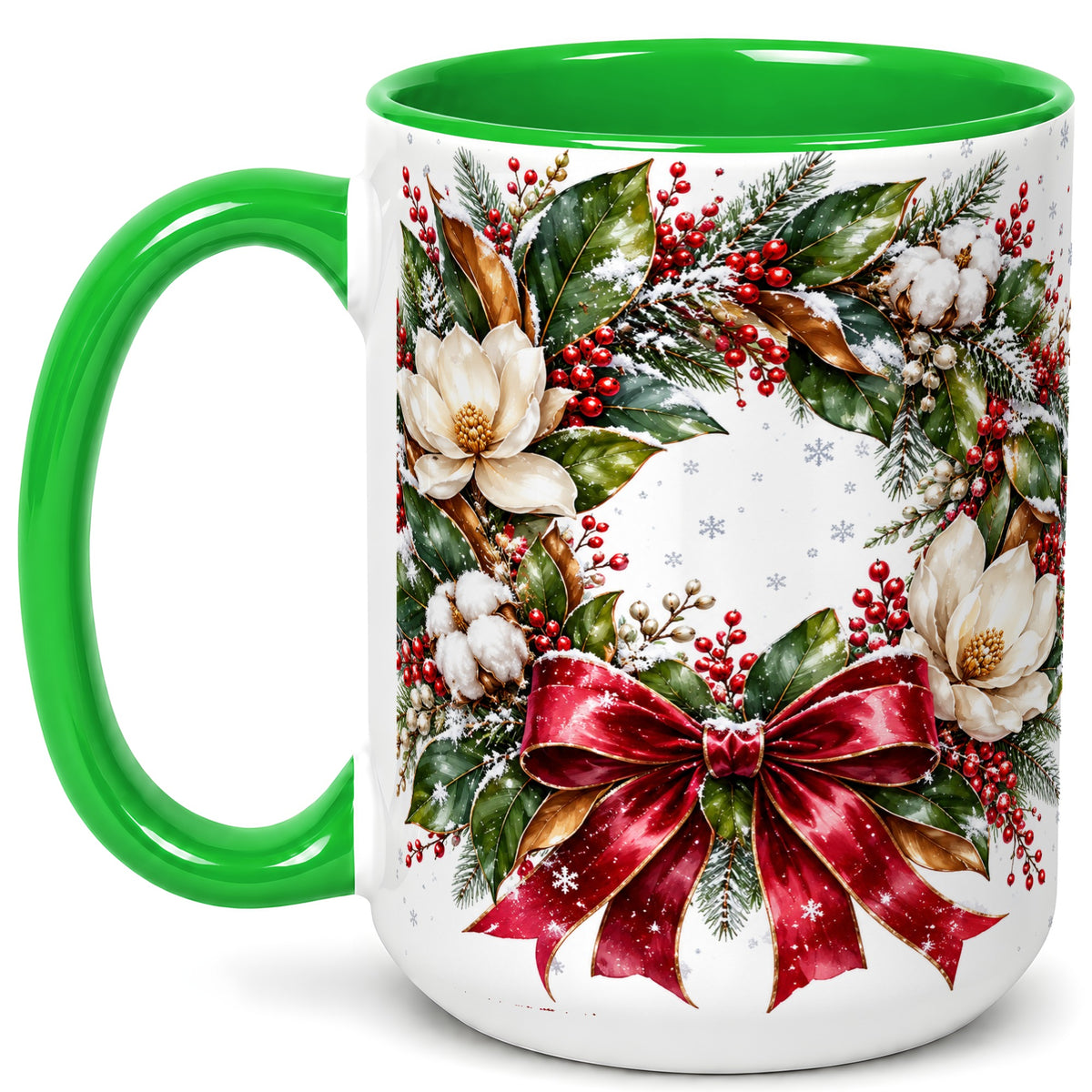 #pl[15oz|Green] Christmas Magnolia Wreath Coffee Mug, Winter Floral Mug, Ceramic Cup