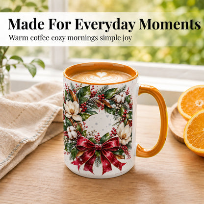 #pl[15oz|Orange] Christmas Magnolia Wreath Coffee Mug, Winter Floral Mug, Ceramic Cup