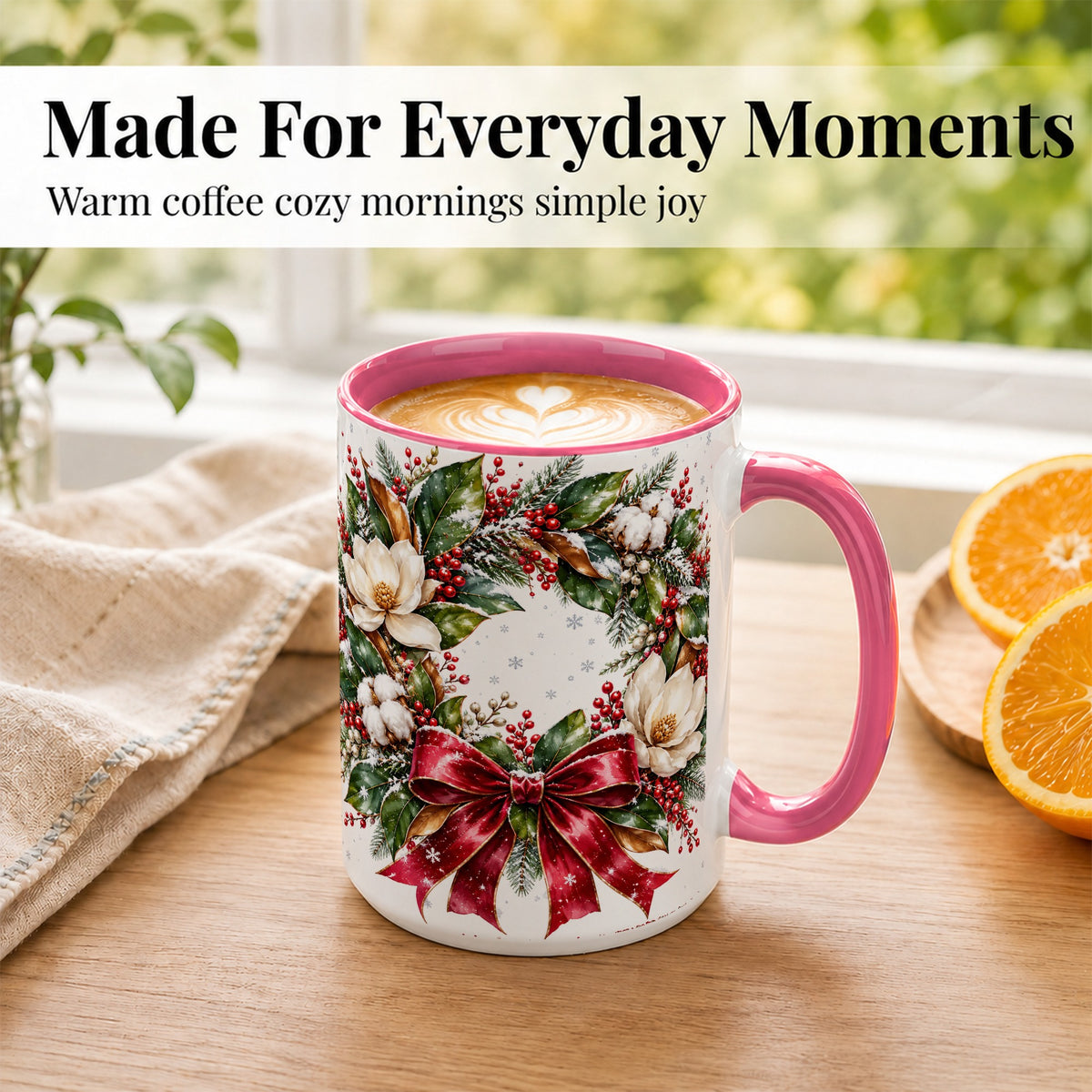 #pl[15oz|Pink] Christmas Magnolia Wreath Coffee Mug, Winter Floral Mug, Ceramic Cup