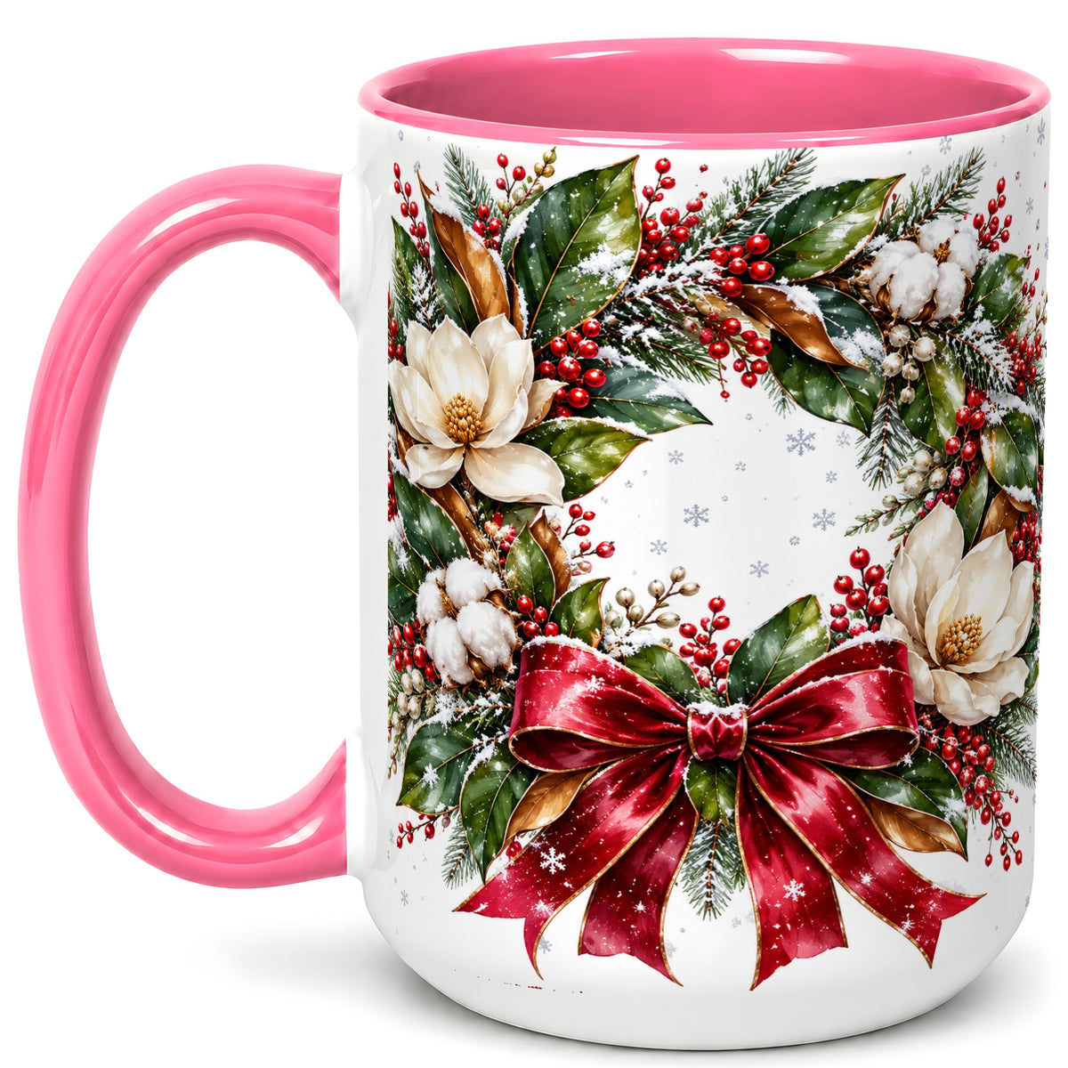 #pl[15oz|Pink] Christmas Magnolia Wreath Coffee Mug, Winter Floral Mug, Ceramic Cup