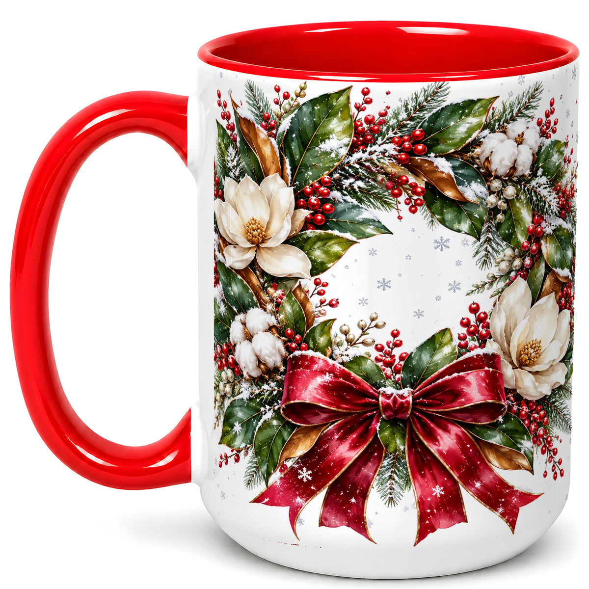 #pl[15oz|Red] Christmas Magnolia Wreath Coffee Mug, Winter Floral Mug, Ceramic Cup