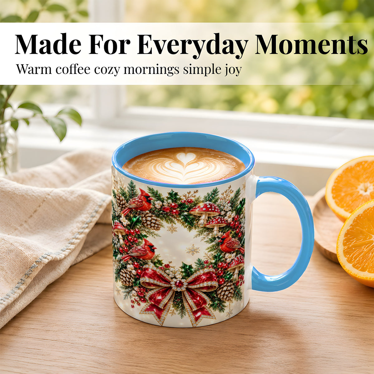 #pl[11oz|Blue] Christmas Cardinal Wreath Coffee Mug, Red Bird Mug, Ceramic Cup