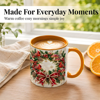 #pl[11oz|Orange] Christmas Cardinal Wreath Coffee Mug, Red Bird Mug, Ceramic Cup