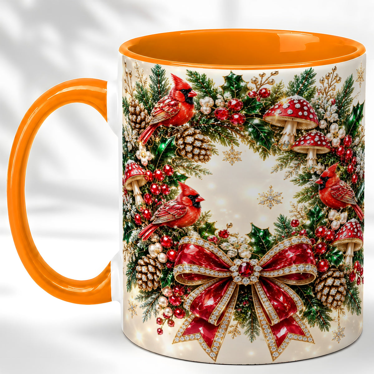 #pl[11oz|Orange] Christmas Cardinal Wreath Coffee Mug, Red Bird Mug, Ceramic Cup