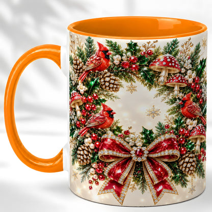 #pl[11oz|Orange] Christmas Cardinal Wreath Coffee Mug, Red Bird Mug, Ceramic Cup