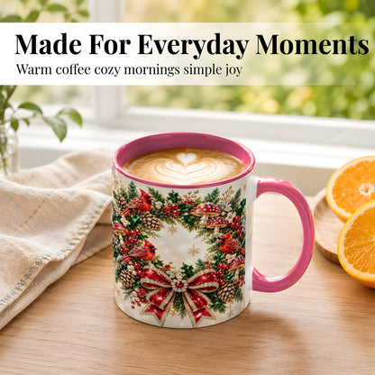 #pl[11oz|Pink] Christmas Cardinal Wreath Coffee Mug, Red Bird Mug, Ceramic Cup