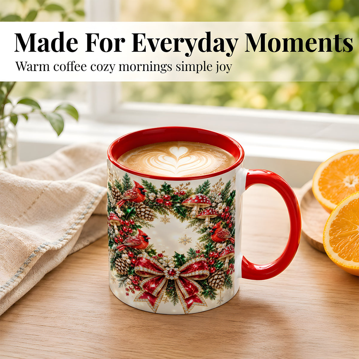 #pl[11oz|Red] Christmas Cardinal Wreath Coffee Mug, Red Bird Mug, Ceramic Cup