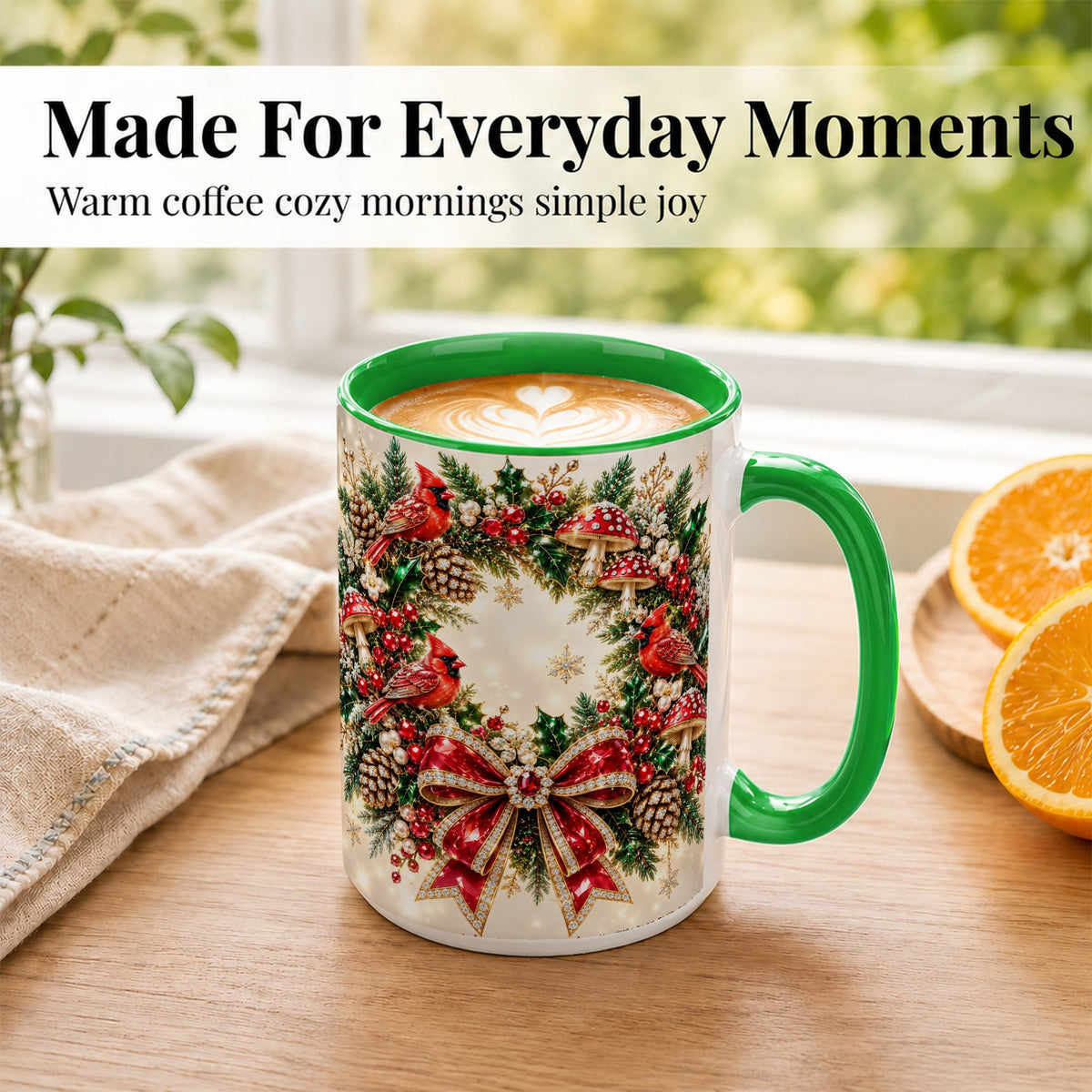 #pl[15oz|Green] Christmas Cardinal Wreath Coffee Mug, Red Bird Mug, Ceramic Cup