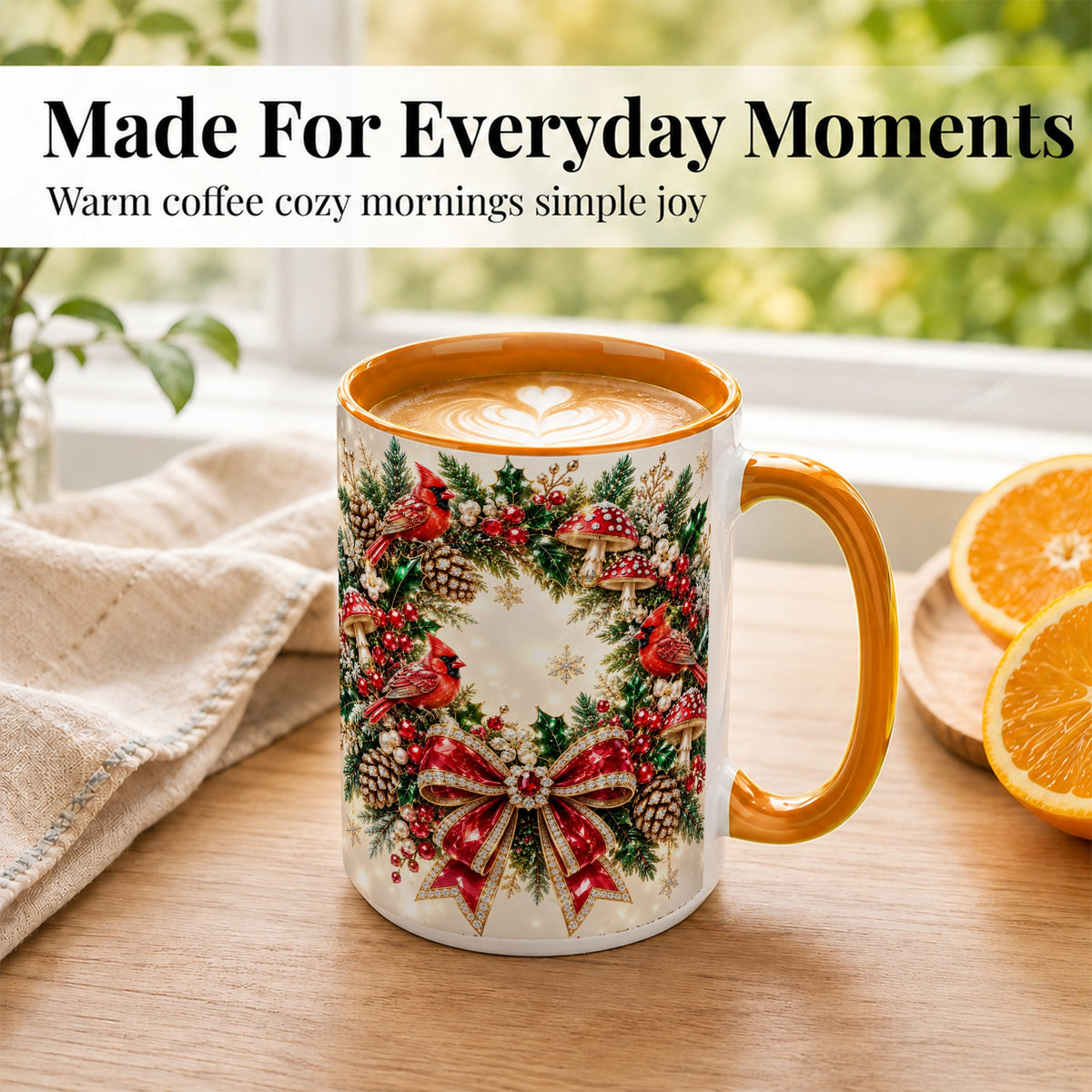 #pl[15oz|Orange] Christmas Cardinal Wreath Coffee Mug, Red Bird Mug, Ceramic Cup