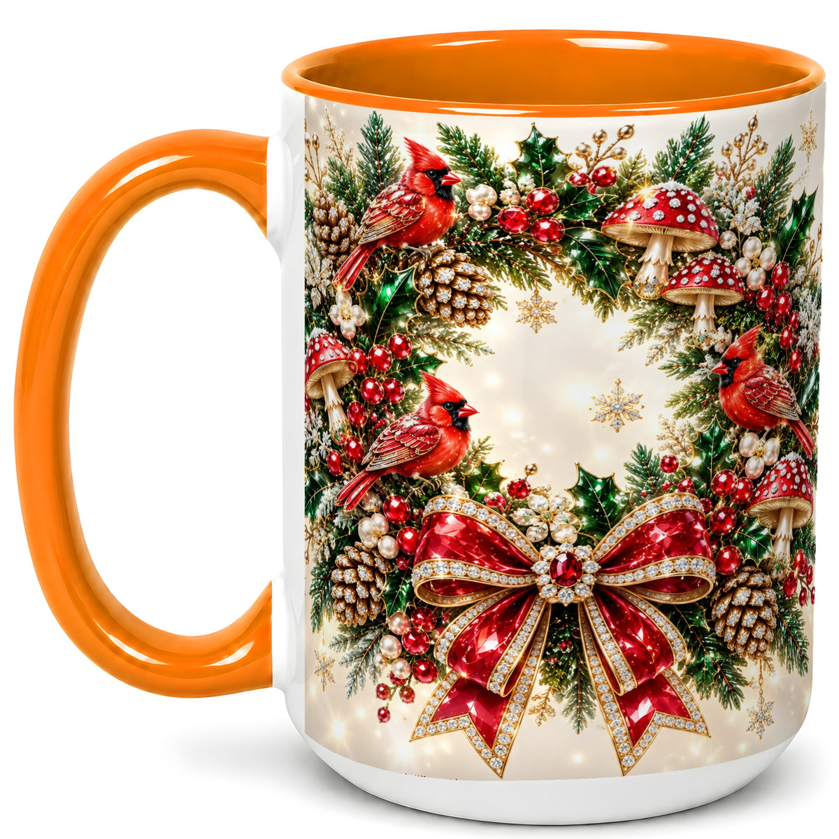 #pl[15oz|Orange] Christmas Cardinal Wreath Coffee Mug, Red Bird Mug, Ceramic Cup