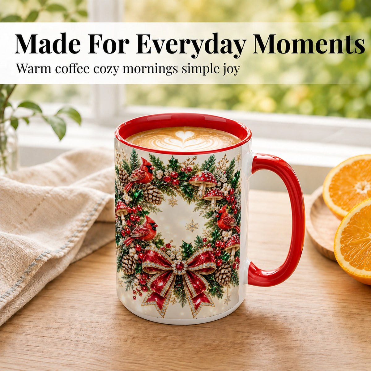 #pl[15oz|Red] Christmas Cardinal Wreath Coffee Mug, Red Bird Mug, Ceramic Cup
