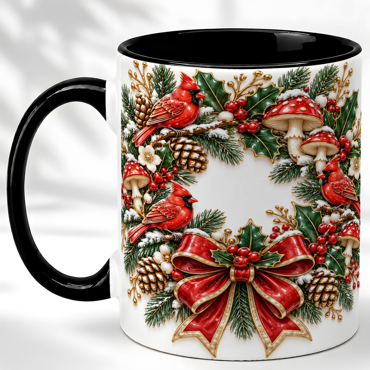 #pl[11oz|Black] Snowy Cardinal Wreath Coffee Mug, Christmas Red Bird Mug, Ceramic Cup