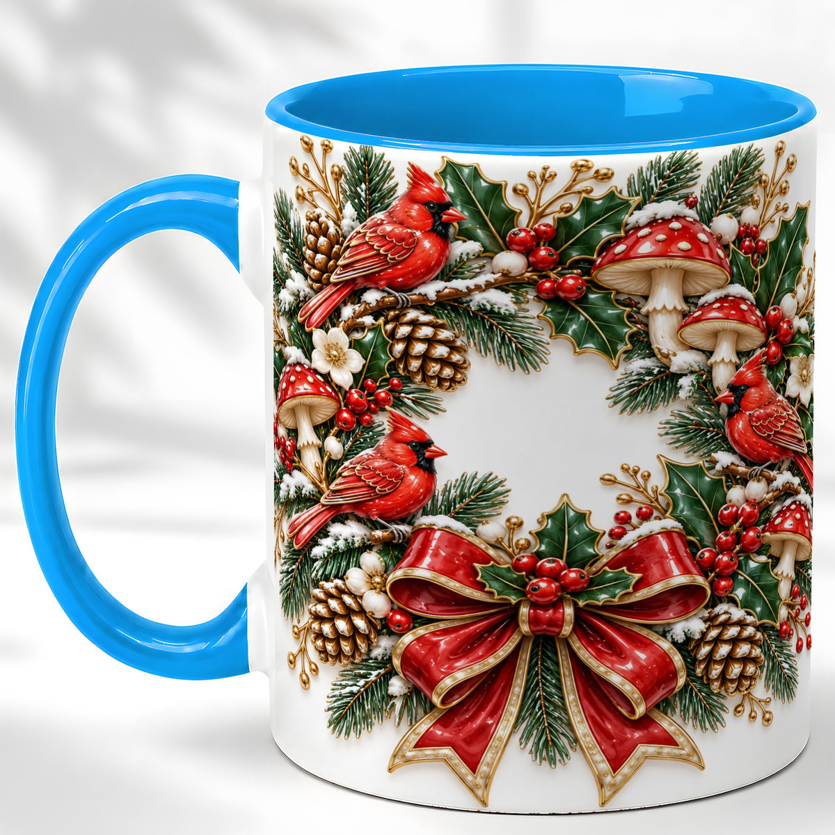 #pl[11oz|Blue] Snowy Cardinal Wreath Coffee Mug, Christmas Red Bird Mug, Ceramic Cup