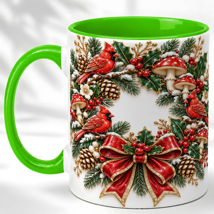 #pl[11oz|Green] Snowy Cardinal Wreath Coffee Mug, Christmas Red Bird Mug, Ceramic Cup