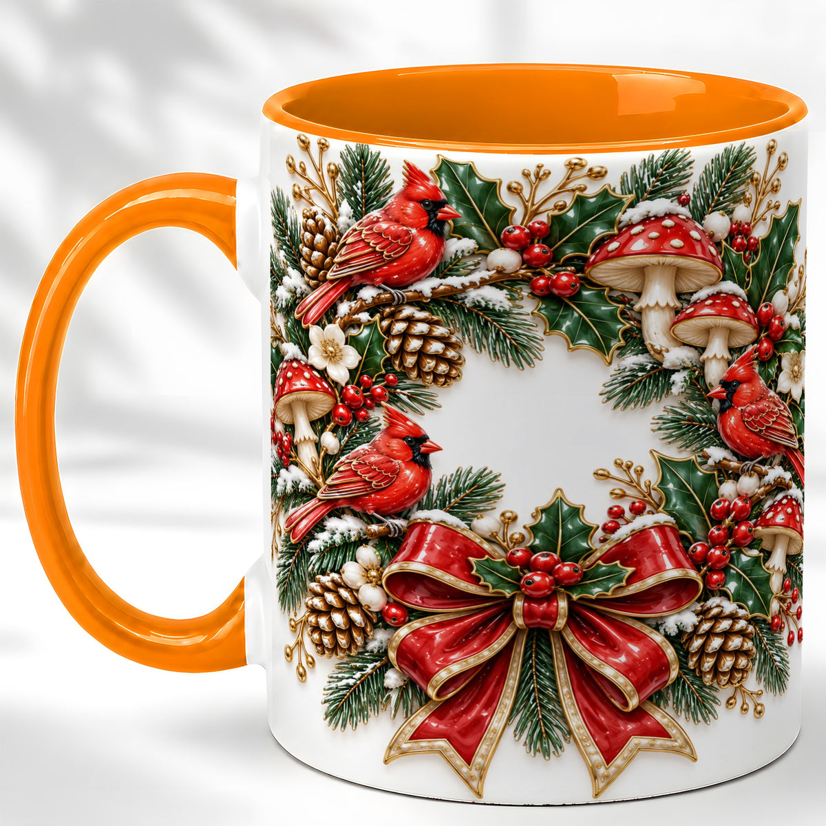 #pl[11oz|Orange] Snowy Cardinal Wreath Coffee Mug, Christmas Red Bird Mug, Ceramic Cup