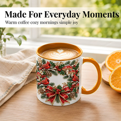 #pl[11oz|Orange] Snowy Cardinal Wreath Coffee Mug, Christmas Red Bird Mug, Ceramic Cup
