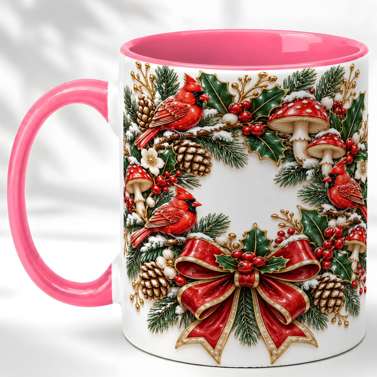 #pl[11oz|Pink] Snowy Cardinal Wreath Coffee Mug, Christmas Red Bird Mug, Ceramic Cup