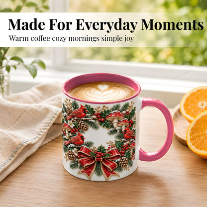 #pl[11oz|Pink] Snowy Cardinal Wreath Coffee Mug, Christmas Red Bird Mug, Ceramic Cup