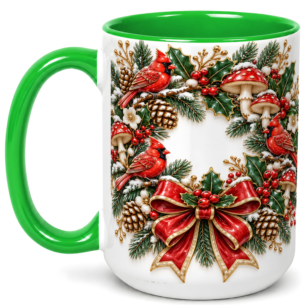 #pl[15oz|Green] Snowy Cardinal Wreath Coffee Mug, Christmas Red Bird Mug, Ceramic Cup