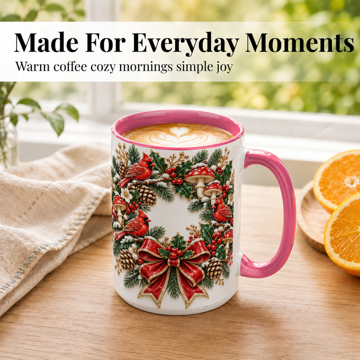 #pl[15oz|Pink] Snowy Cardinal Wreath Coffee Mug, Christmas Red Bird Mug, Ceramic Cup