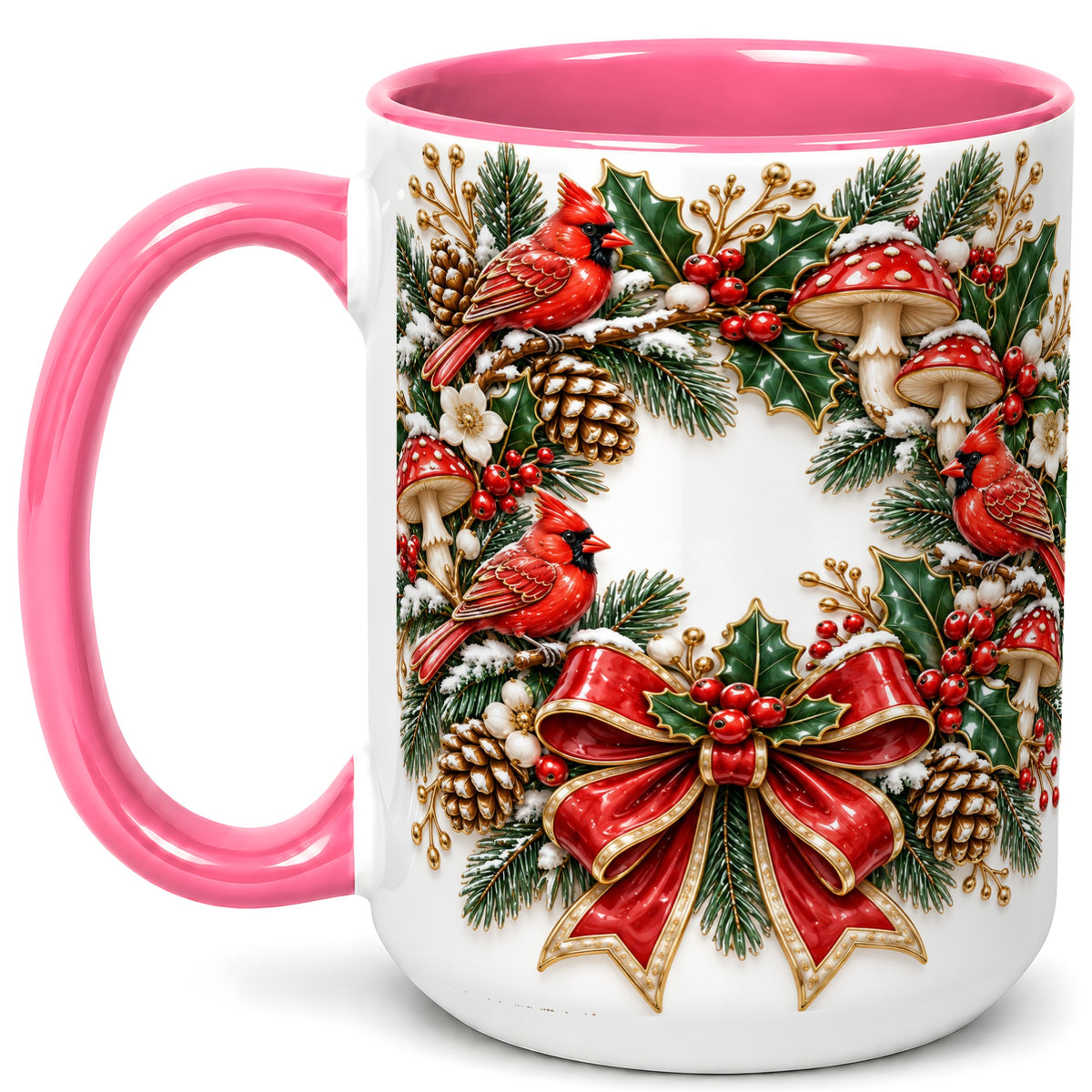 #pl[15oz|Pink] Snowy Cardinal Wreath Coffee Mug, Christmas Red Bird Mug, Ceramic Cup