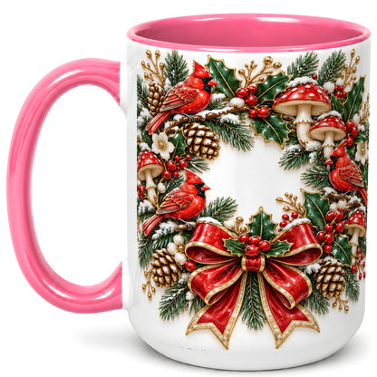 #pl[15oz|Pink] Snowy Cardinal Wreath Coffee Mug, Christmas Red Bird Mug, Ceramic Cup