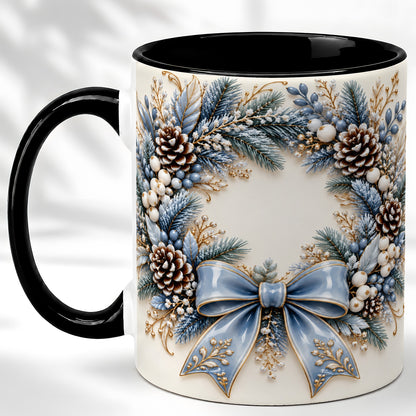 #pl[11oz|Black] Blue Winter Wreath Coffee Mug, Frosted Pine Mug, Ceramic Cup