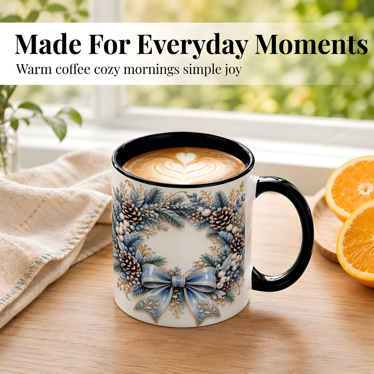 #pl[11oz|Black] Blue Winter Wreath Coffee Mug, Frosted Pine Mug, Ceramic Cup