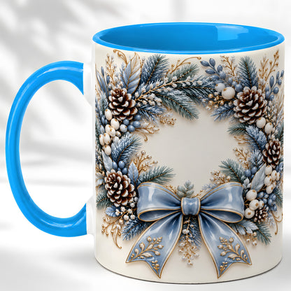 #pl[11oz|Blue] Blue Winter Wreath Coffee Mug, Frosted Pine Mug, Ceramic Cup