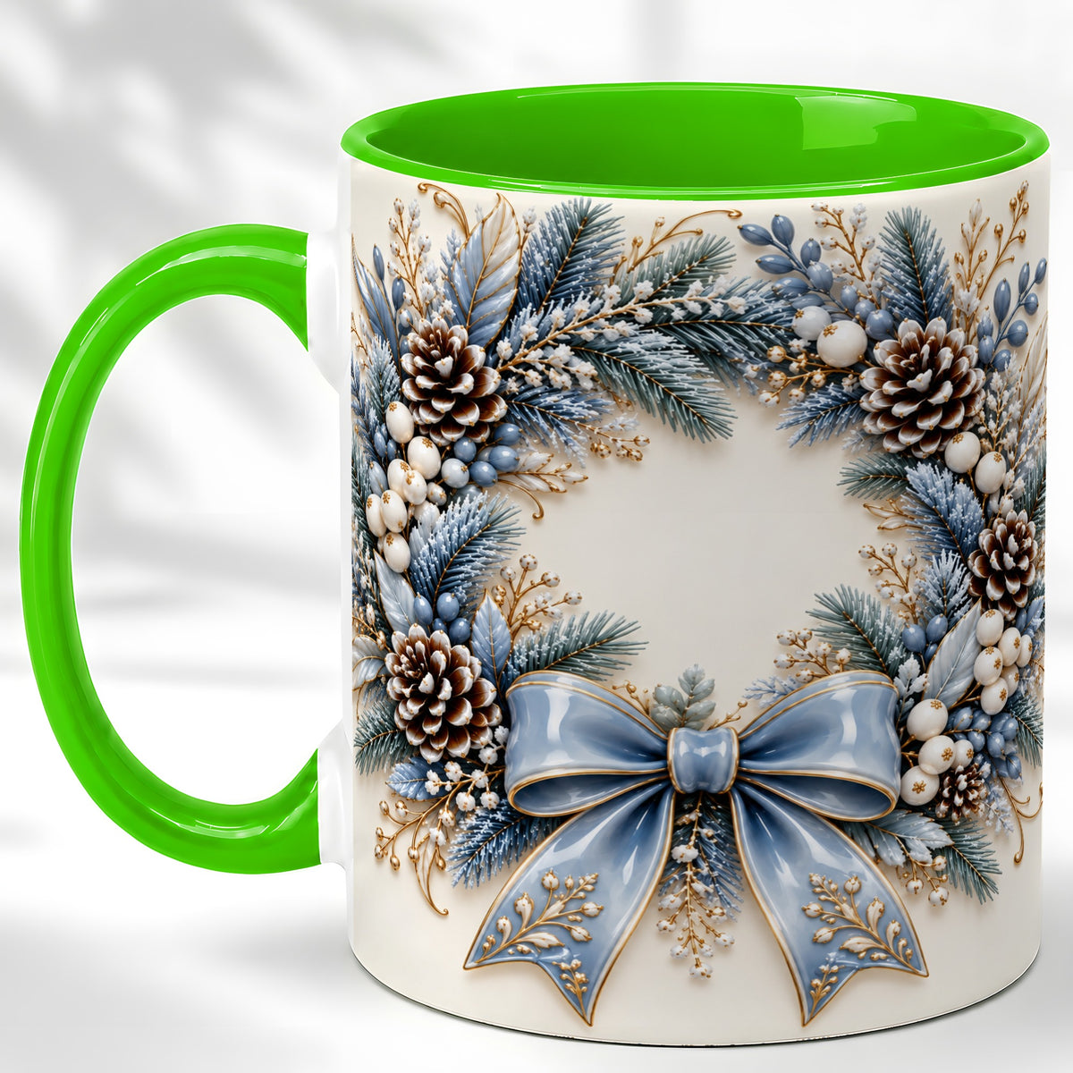 #pl[11oz|Green] Blue Winter Wreath Coffee Mug, Frosted Pine Mug, Ceramic Cup