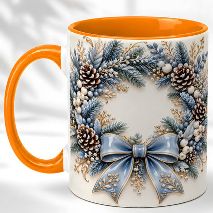 #pl[11oz|Orange] Blue Winter Wreath Coffee Mug, Frosted Pine Mug, Ceramic Cup